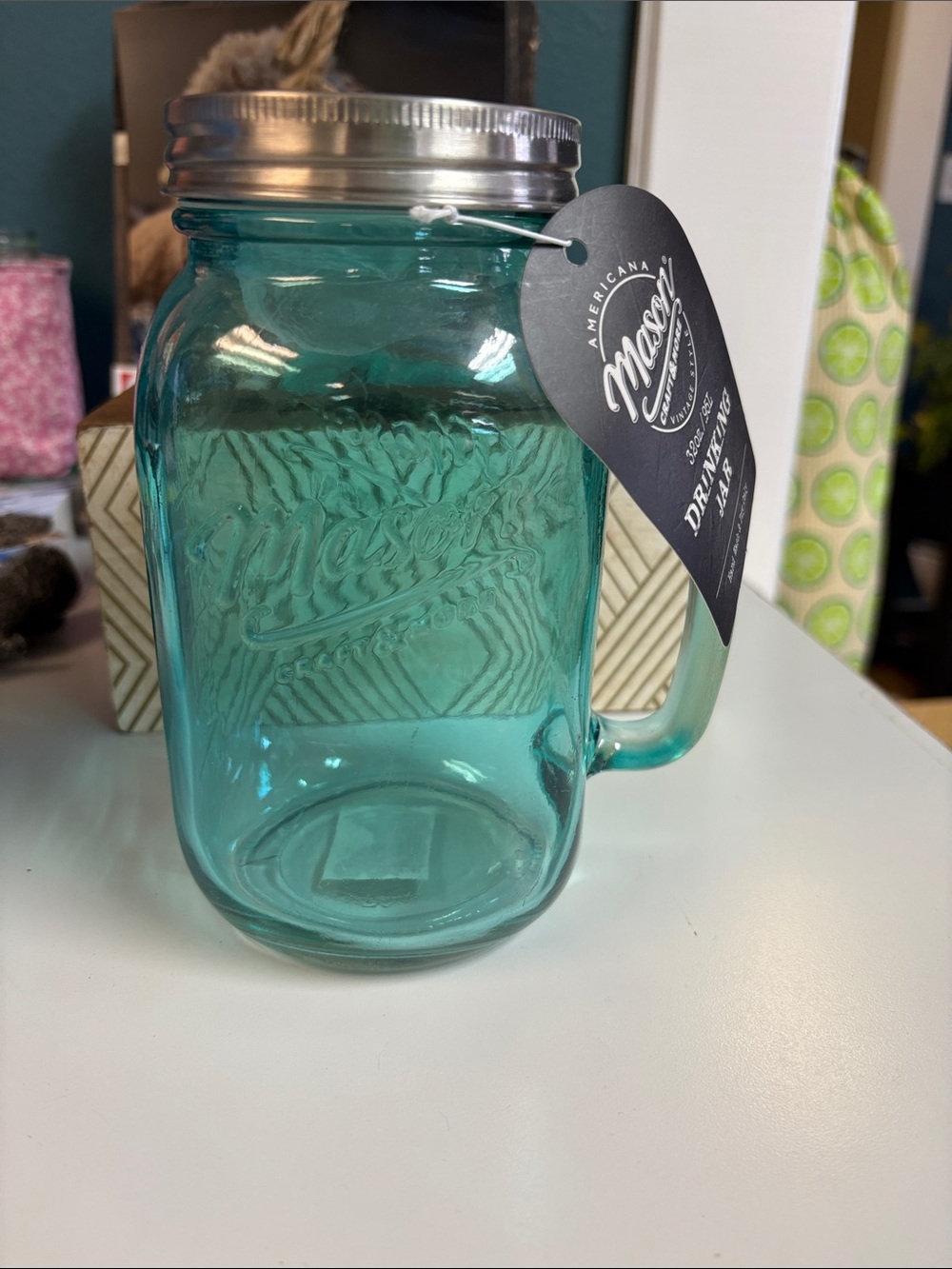 Blue tinted Mason Jar with Handle and Lid 32 oz.